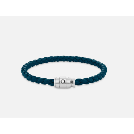 Bracelet acier 3 anneaux cuir tressé bleu de chypre taille M